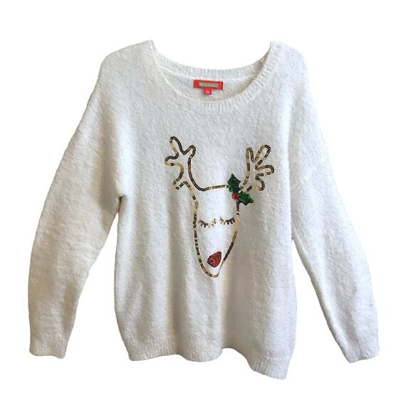 Holiday Traditions White Reindeer Themed Christmas Size L Pullover Sweater - Picture 4 of 9